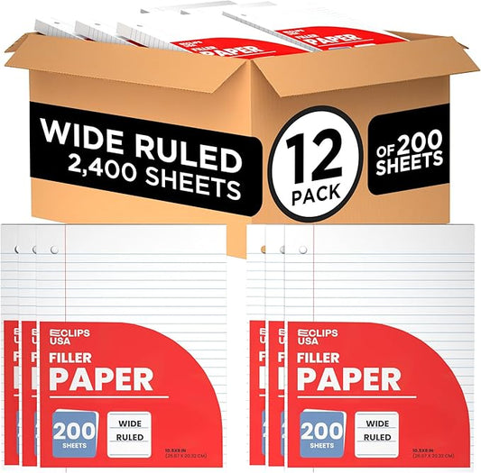 Wide Ruled Loose Leaf Paper Wide Ruled Notebook Paper Lined Writing Filler Paper 10.5” x 8” 56 gsm 2400 Sheets 200 Sheet Per Pack (12 Pack)
