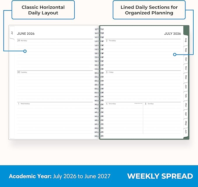 Blue Sky 2026-2027 Weekly and Monthly Academic Year Planner Calendar, July 2026 - June 2027, 8" x 10.875", Flexible Cover, Wirebound, Laminated Tabs, Seychelle