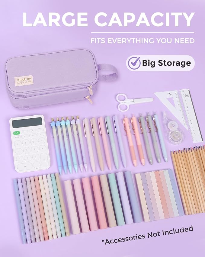 SKYDUE Large Capacity Pencil Case with Handle, 3 Compartment Canvas Pencil Pouch, Cute Soft Color Pencil Bag for Pens, Markers, Aesthetic Stationery and Organizer for Teen Girls Adult, Purple