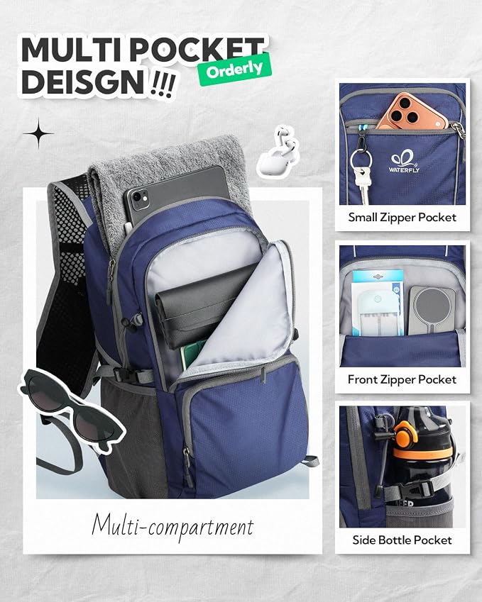 WATERFLY Packable Hiking Backpack, 20L Small Lightweight Foldable Daypack | Phone Pocket, Only 3 Steps Foldable, Breathable Shoulder Strap, Comfortable Folding Bag Pack for Women Men Travel Outdoor