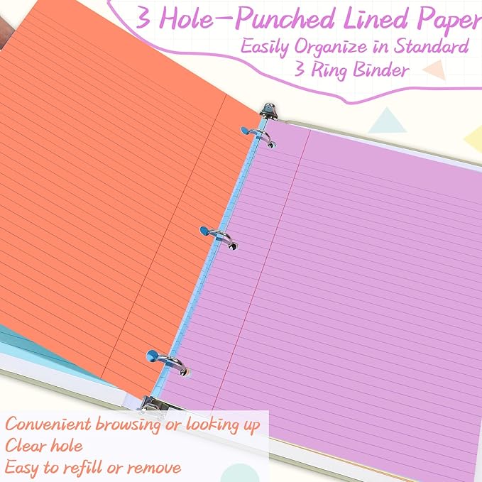 gisgfim 100 Sheets Loose Leaf Binder Paper, 8" x 10.5" Colored College Ruled Paper, 3 Hole Punched Lined Refill Inserts Thicken for 3-Ring Binders Notebooks Planner Writing School Office (Sweet Color)