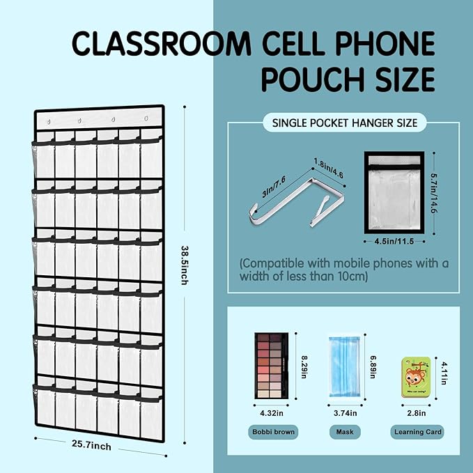 Kotkn 36 Pocket Charts for Classroom Cell Phones, 36 Clear Pocket Charts with Numbered Stickers, Classroom Hanging Cell Phone Organizer, Hangs on Wall, Door Storage Hooks (White)