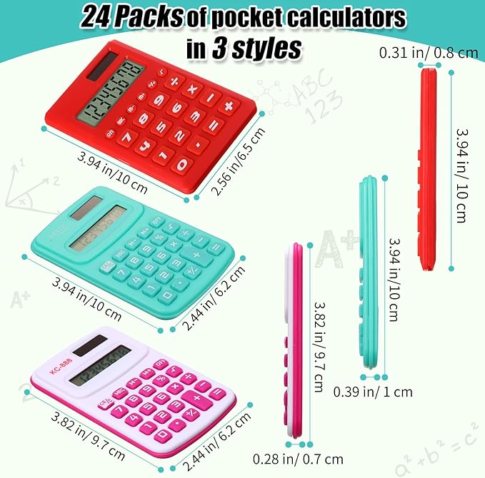 Yunsailing 24 Pcs Pocket Calculators Bulk Mini 8 Digit Handheld Calculator Small Basic Standard Calculator for Students Kids Teachers School Desktop Home Office, 3 Designs (Classic)