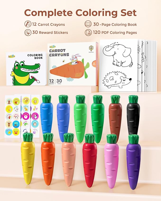 JUPITEARTH Carrot Crayons for Kids 12 Colors, Non Toxic Beeswax Crayons for Toddlers 1-3 with 30-Page Coloring Book & Stickers & 120 PDF Pages, Mess-Free Coloring for Kids Art Supplies Gift