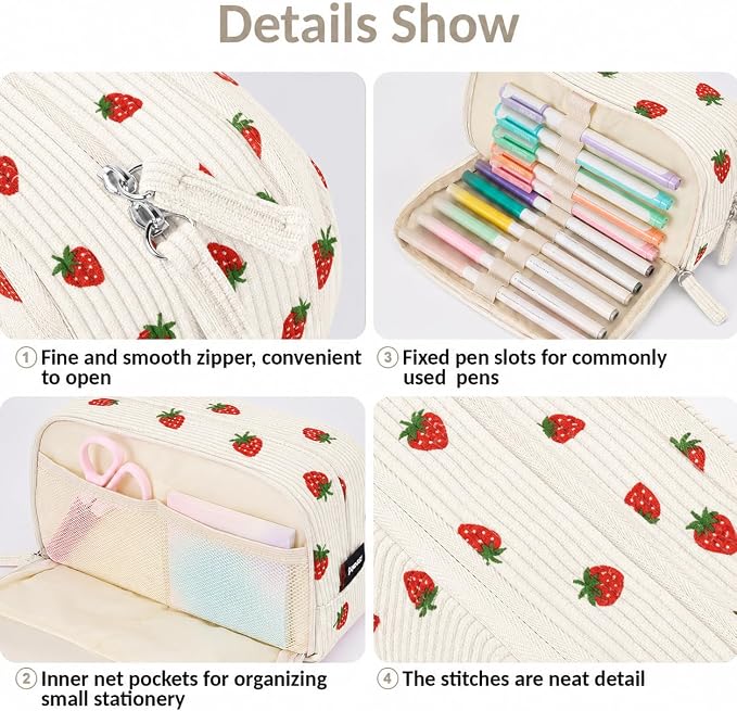 Sooez Big Capacity Pencil Case Pen Pouch, Soft Corduroy Pencil Bag with 3 Compartment, Multiple Pockets, Sturdy Zipper, Cute School Supplies Pen Bag Organizer For Teen Girls-Strawberry