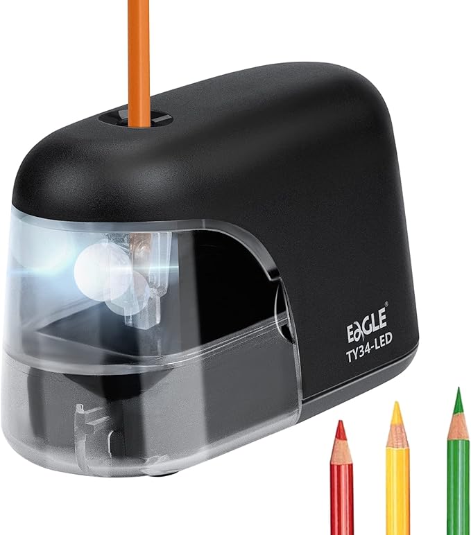 Eagle Electric Pencil Sharpener, Battery Powered Sharpener, LED Light Shinning During Sharpening, Portable, with Reusable and Replaceable Blade, Suitable for Kids, Ideal School Office Supplies (Black)