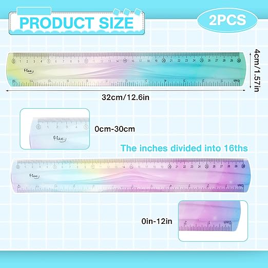 2 Pcs Flexible Ruler, 12 Inch Bendable Ruler for Kids, Soft Plastic Ruler, Kids Ruler for School, Gradient Colored Flex Ruler, Soft Ruler for Kids, Students Classroom with Centimeter and Inch