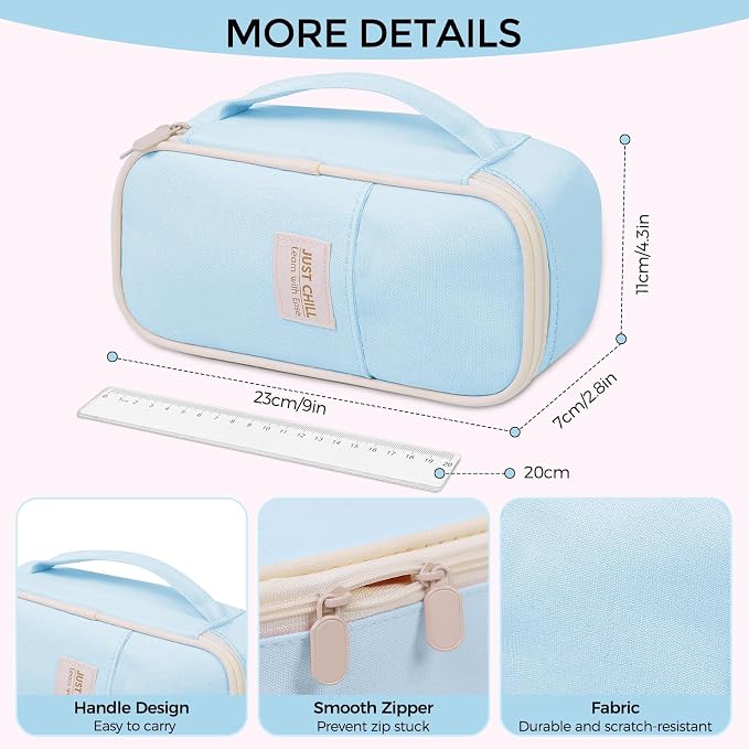 SKYDUE Blue Pencil Case for Girls & Boys – Large Capacity Zippered Pencil Pouch with Multi-Compartment, Aesthetic Pencil Bag for School & Office Supplies