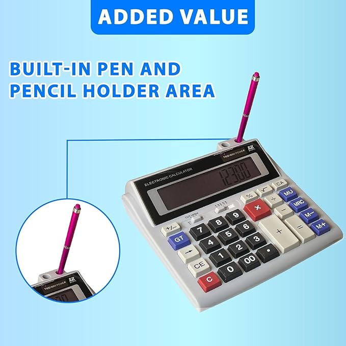 Lily's Home 12-Digit Large Desktop Calculator with Pen Holder, Dual Power (Solar & Battery) - Big Button 5 Inch LCD Display for Office, School, Home, Accounting, Taxes, and Back to School Supplies