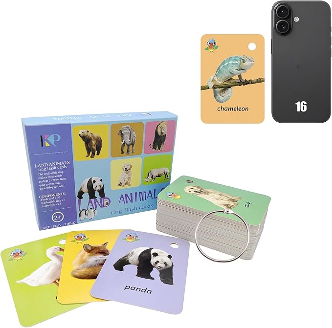 52 Pcs Toddler Land Animals Flash Cards Gift for Kids Wild Forest Animals Flash Cards Sight Words with Pictures Preschool Flash Cards with Ring (Land Animals)