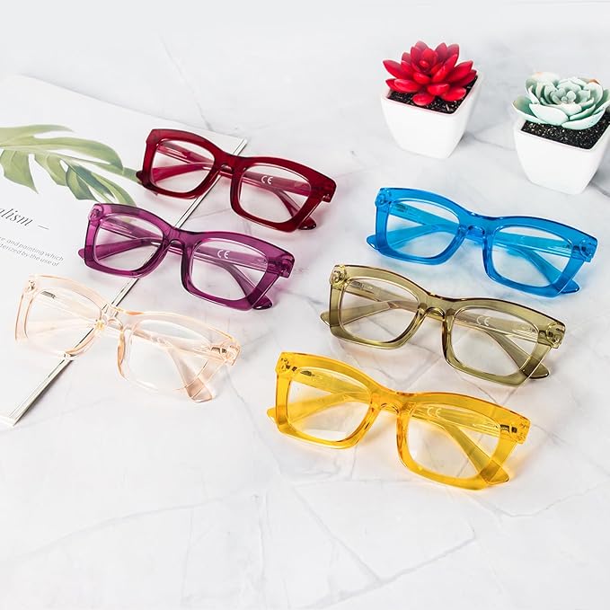REAVEE 6 Pack Reading Glasses for Women Blue Light Blocking, Cute Square Computer Readers with Spring Hinge