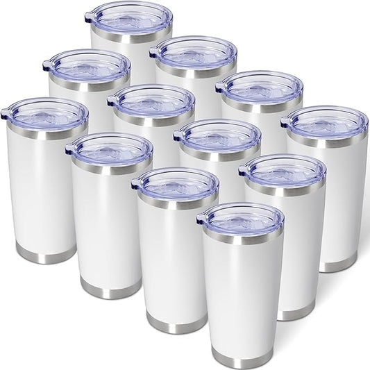 AIANJI 20oz Tumbler Bulk Stainless Steel Tumblers with Lid Vacuum Insulated Double Wall Travel Coffee Mug Powder Coated Tumbler Cup for Hot and Cold Drinks(White, 12 pack)