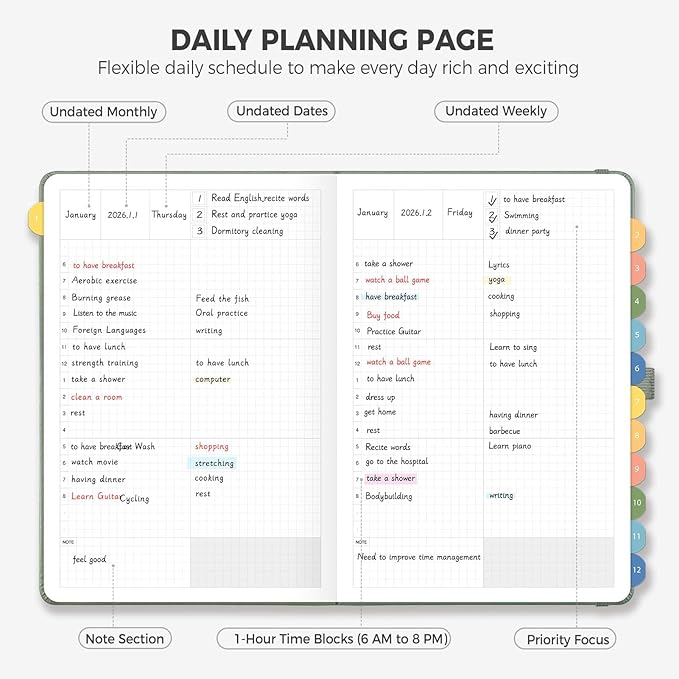 Daily Planner Undated, Appointment Book for Hourly, Daily and Monthly, 365 Days, One Page a Day, Medium Size (5.7" x 8.3"), Leather Hardcover, 12 Self-adhesive Monthly Tabs (Light Green)