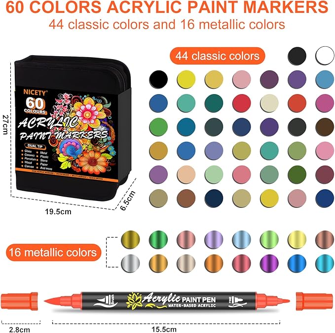 NICETY 60 Colors Acrylic Paint Markers, Dual Tip Acrylic Paint Pens with Fine Tip and Brush Tip Pens for Rock Painting, Canvas, Wood, Ceramic, Glass, Stone, Fabric, DIY Crafts & Art Supplies