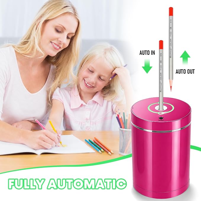 Fully Automatic Electric Pencil Sharpener,Rechargeable smart Pencil Sharpener.Suitable for No. 2/Colored Pencils (6-8 mm),Applicable to School/Classroom/Office/Home（Pink）
