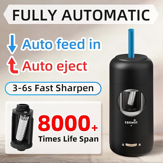 tenwin Rechargeable Electric Pencil Sharpener, Fully Automatic Pencil Sharpener for 7-11.5mm Pencils, Hands-Free Sharpener for Colored Pencils, Auto in&Out, Adjustable Pencil Nibs, Black
