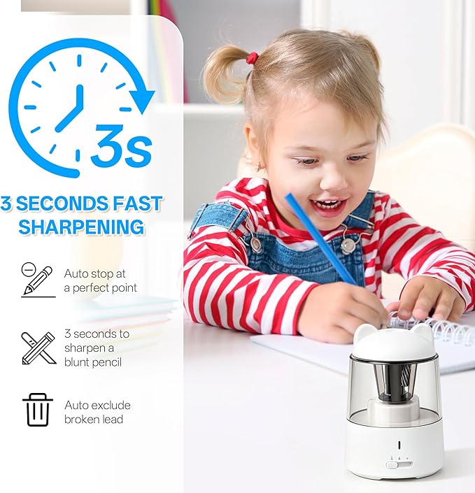 Electric Pencil Sharpener, Auto Stop Fast Sharpen in 3s, Battery Powered Pencil Sharpeners for No.2 & 6-8mm Colored Pencils, Cute Rechargeable Pencil Sharpener for Classroom/Office/Home (White)