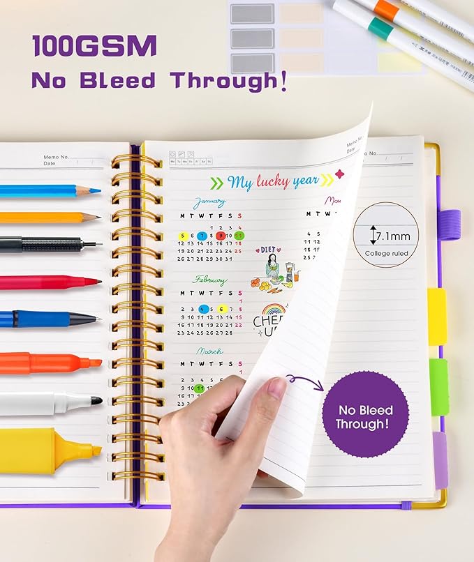 Hardcover Spiral Notebook journal with Removable Dividers Tabs, 300 Pages Leather 5 Subject Notebook College Ruled, 100GMS Notebooks for Work School Note taking,Lined Journal for Women,A5 Dark purple
