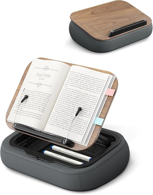 Viozon Lap Book Pillow Stand with Storage, Adjustable Beanbag Reading Pillow with Dark Wood Panel, Multi-Angle Book Holder for Hands-Free Reading in Bed or Sofa,Book Lover Essential, Soft Cushion