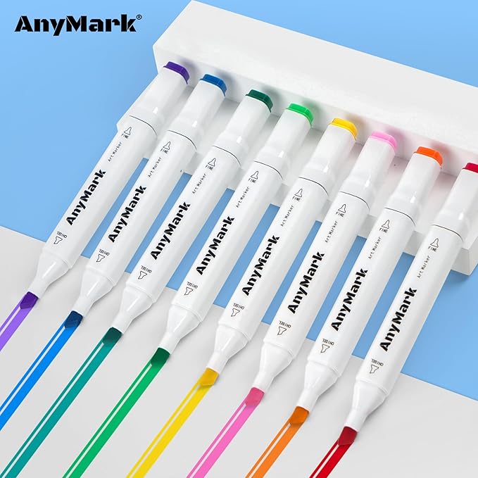 AnyMark Alcohol Markers, 60 Colors Dual Tip Art Coloring Markers Set for Adult Book Drawing Sketching Painting, Chisel & Fine, White Penholder