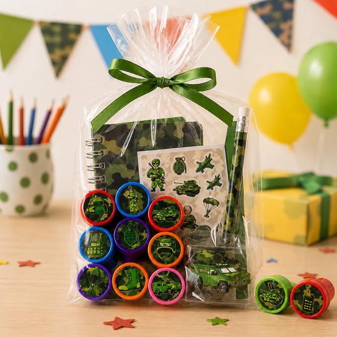 Cinrobiye 24 Pcs Military Theme Pre-Inked Stampers for Kids, Army Party Favor Stamp Set with 12 Unique Soldier Designs, Classroom Rewards, Birthday Party Supplies, Goodie Bag Fillers, Carnival Prizes