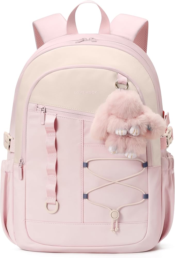 LOVEVOOK School Backpack for Girls, Large Capacity 16 Laptop Backpack with Tumbler Pockets, Multi-Compartment Backpacks with Lucky Bunny Charm, Water-Resistant Travel Backpack, Pink