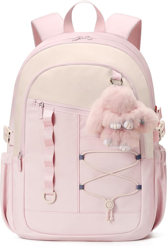 LOVEVOOK School Backpack for Girls, Large Capacity 16 Laptop Backpack with Tumbler Pockets, Multi-Compartment Backpacks with Lucky Bunny Charm, Water-Resistant Travel Backpack, Pink