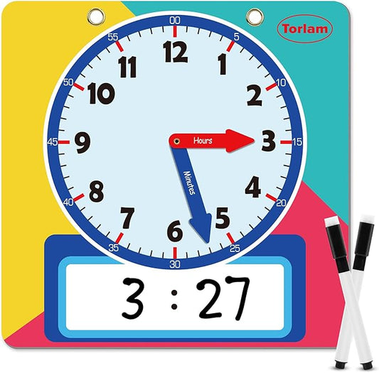 Magnetic Writable Dry Erase Learning Clock | Clock for Kids Learning to Tell Time | Large 12" Demonstration Teaching Time Practice Clock with Dry Erase Writing Surface | Pen Included | (Rainbow)