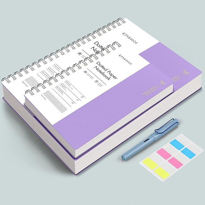 EMSHOI Dotted Journal Spiral Notebook, 300 Pages, A4 Large 8.27"x11.2", 100 GSM Thick Paper, Flexible Plastic Cover, 5mm Dot Grid Notebook for Journaling, Planning, Drawing, Writing, Purple