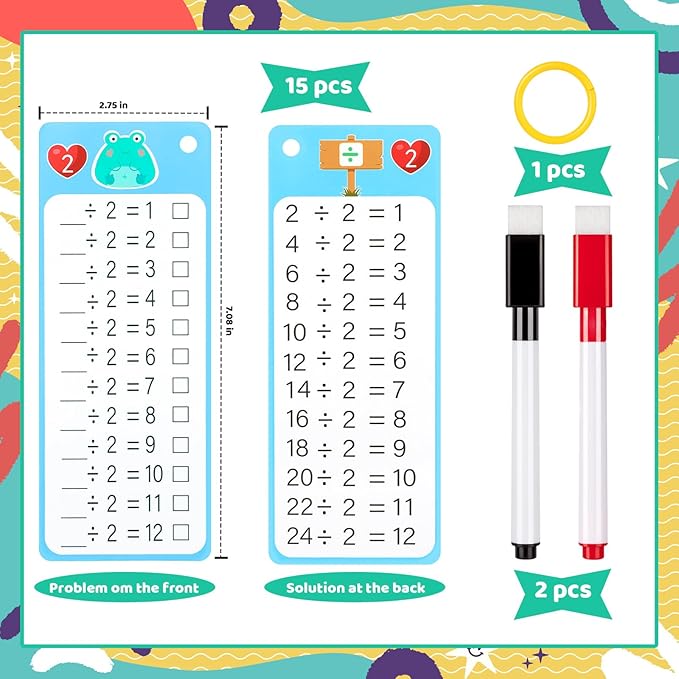 15Pcs Division Flash Cards, Division Chart 1-12 with 2 Dry Erase Pens 1 Rings, Time Table Flash Cards for 1st to 3rd Grades Fun Learning with Math Game