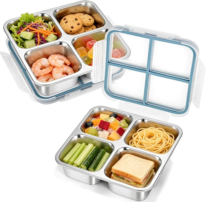2 Pack Stainless Steel Snack Containers, Leakproof 4 Compartment Meal Prep Containers with Lids, Reusable Metal Bento Box for Adults Office Travel Gym Lunch Box for Work Dishwasher Safe