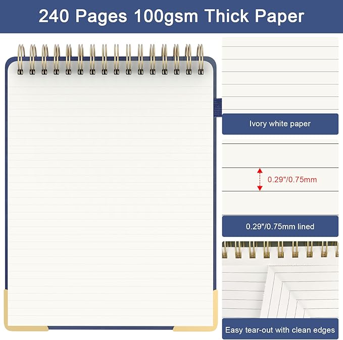 A4 Top Spiral Notebook, Large Leather Hardcover Top Bound Steno Pads, 240 Pages 100 gsm Thick Lined Paper Left Handed Notebook Journal for Work, School, Meeting Writing - Navy Blue, 8.5" x 11"