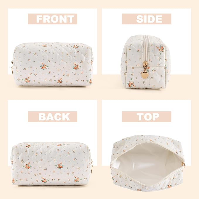 Makeup Bag Travel Toiletry Bag for Women, Small Cosmetic Bags Cute Quilted Cotton Makeup Pouch for Purse Emergency Bag Floral Pencil Case Accessory Bag, Orange Floral