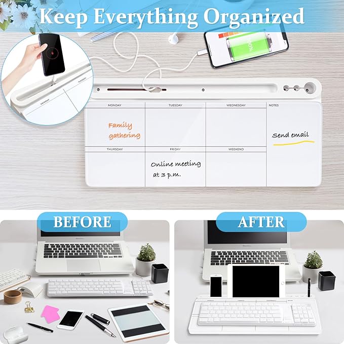 DOLLAR BOSS Glass Desk Whiteboard Calendar Small Dry Erase Board Desktop White Board with Storage Drawer Computer Keyboard Stand Desk Organizer, Weekly Calendar, White
