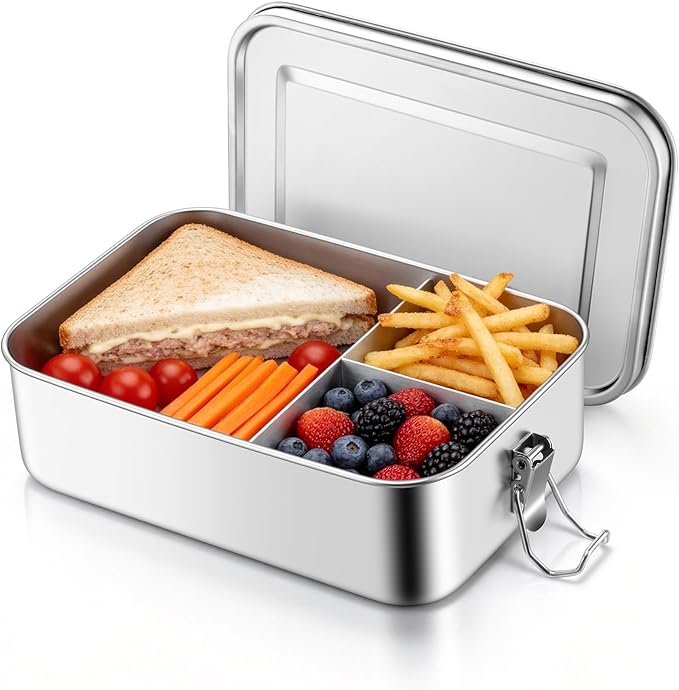 TeamFar Stainless Steel Bento Box, 81oz/2400ML Metal Lunch Box with Leak-Proof Lid for Adults/Kids, Lunch Food Containers with 3 Compartments for School/Work/Meal Prep, Heavy Duty & Dishwasher Safe