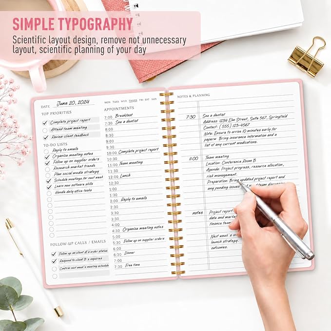 Daily Planner with Hourly Schedules - Undated To Do List Notebook, Spiral Bound, 5.5" x 8.5", Manage Your Tasks and Appointments, The Perfect Office Supplies for Women - Pink
