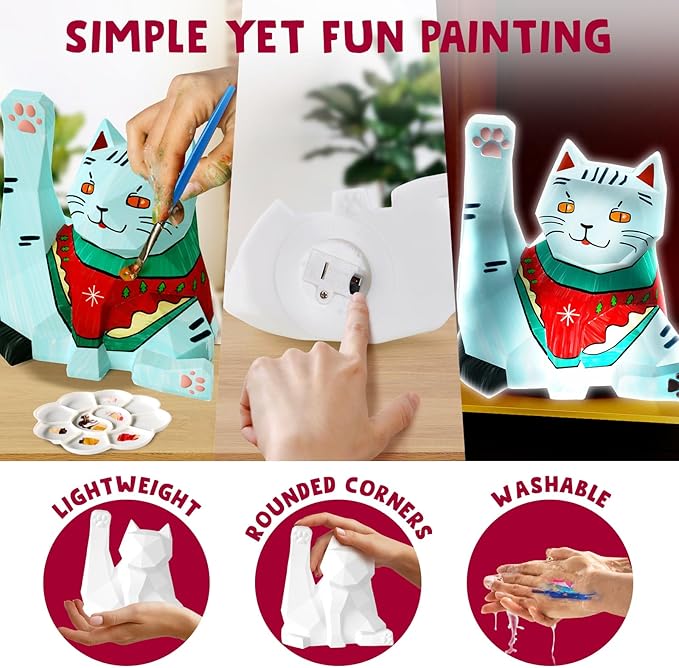Goody King Paint Your Own Cat Lamp Art Kit, 3PCS DIY Night Light, Arts & Crafts for Kids Ages 8-12, Painting Kit for Girls Boys Age 4 5 6 7 8+, Art Supplies Cat Craft Birthday Gifts for Kids Ages 3+