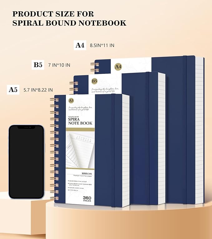 Spiral Notebook Journal College Ruled 8.5''x 11'', 360 Pages Lined Thick Journals for Women Men, A4 Large Spiral Notebooks with 100GSM Paper, Spiral Journaling for Writing Work, School Blue