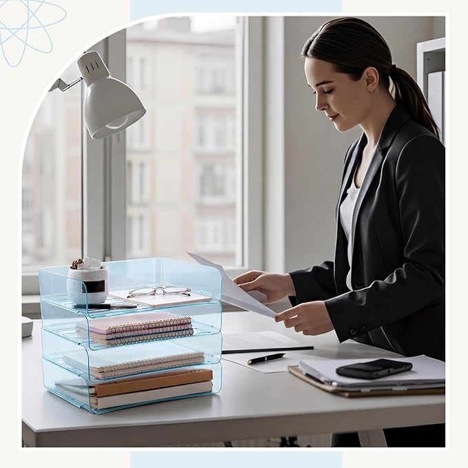 Harloon 4 Tier Clear Blue Acrylic Paper Organizer Letter Tray, Aesthetic Stackable Desk File Organizer Paper Holder Office Tray for A4, Modern Classroom Office Home File Pad Books Notes