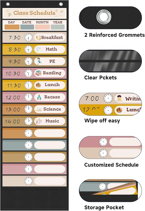 15+1 Pockets Daily Schedule Pocket Chart, Classroom Visual Schedule for Kids with 24 Double Sided Reusable Cards, Classroom Pocket Chart for Office Home Preschool Daily Use, Boho Black