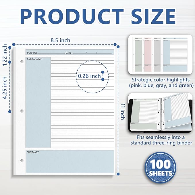 100 Sheet Colored Cornell Notes Loose Leaf Paper 8.5×11 Inch for 3 Ring Binder Letter Size Taking System Filler Paper College Ruled Notebook Paper Bulk for School Office Business Home 80gsm