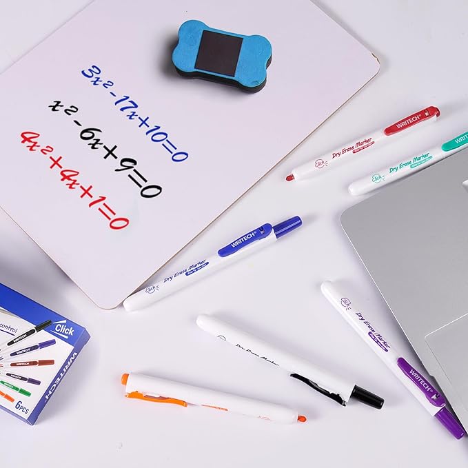 WRITECH Retractable Dry Erase Markers: Fine Point Clickable Colored Ink Marker Low Odor Erasable Thin Tip Refillable Multicolor Whiteboard Marker Pen Set 6ct No Smear Bleed