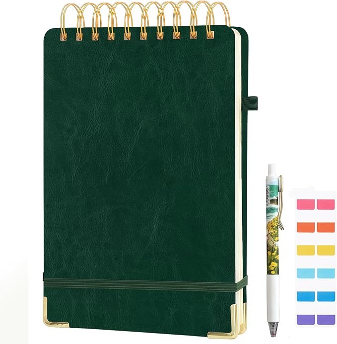 Steno Pads A5 Top Spiral Notebook,Leather Hardcover Top Bound Steno Pads, 240 Pages 100 gsm Thick Lined Paper Left Handed Notebook Journal for School,Work,Meeting Writing, Green