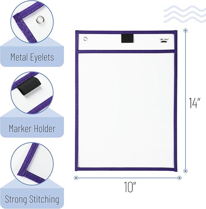 Mr. Pen- Reusable Dry Erase Pocket Sleeves, 10" x 14", 6 Pack, Colorful, Clear Plastic Paper Sleeves, Ticket Holders, Clear Plastic Sheet Protectors, Teacher, School, Classroom Supplies