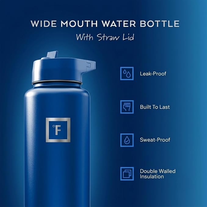 IRON °FLASK 40 oz Wide Mouth Water Bottle with Straw | Insulated Stainless Steel Sports Water Bottle with Leakproof Straw Lid - BPA Free, Cold 24 Hrs, Sweat Free (Twilight Blue)