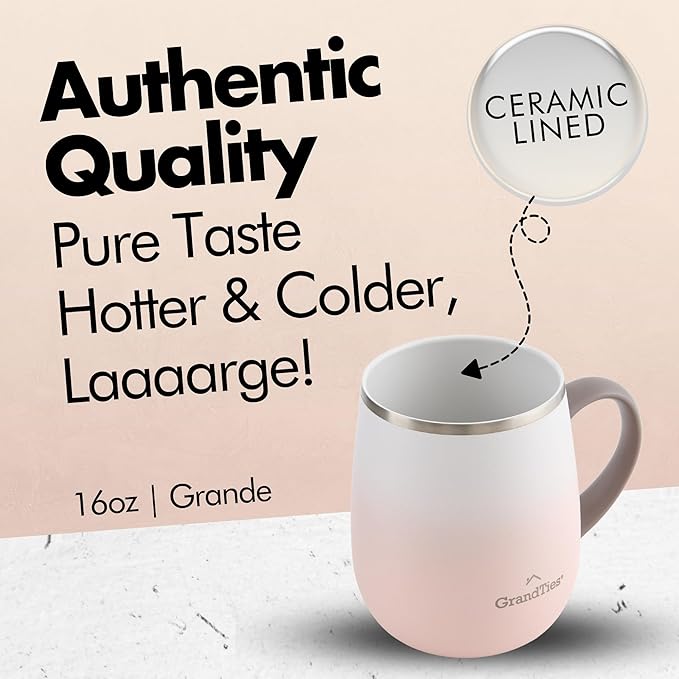 GRANDTIES 16oz Ceramic-Lined Insulated Coffee Mug with Sliding Lid, Wine-Glass Shape Thermal Tumbler with Double Walled Vacuum to Keeps Beverages Hot or Cold (Peach Blush)