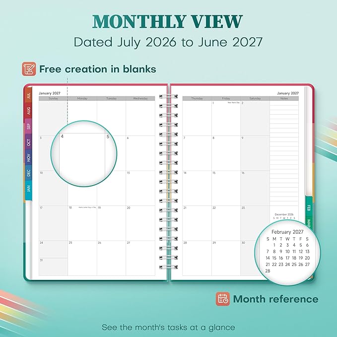 Planner 2026-2027 Monthly and Weekly Academic Planner July 2026 - June 2027, Hardcover Calendar 2026-2027 Agenda Daily Planner for Student Teacher School Office Supplies, 7.4" x 10.2", Happy Stripe