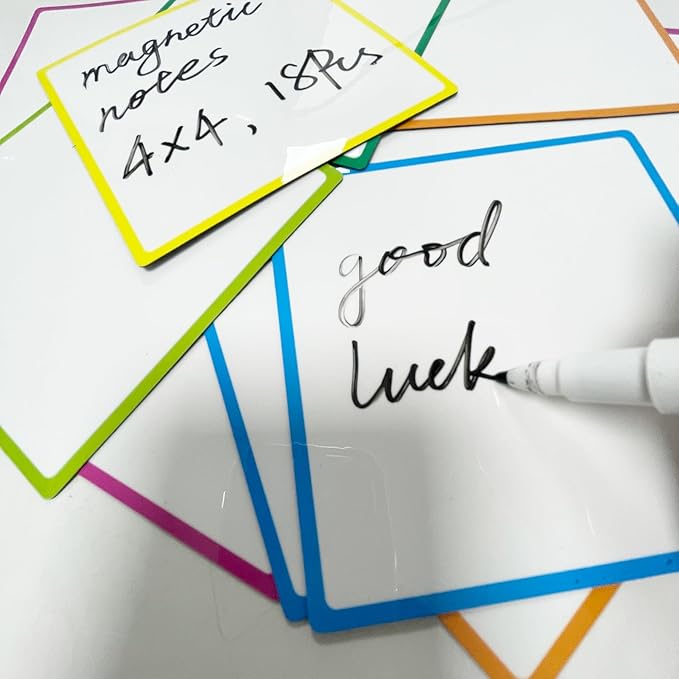 18 Packs, 4" x 4" Dry Erase Reusable Magnetic Sticky Notes, Edge Color Magnets Labels, Widely Use to Post Notes for Whiteboard, Fridge, Locker, Cabinet, Door - Office & Classroom Supplies