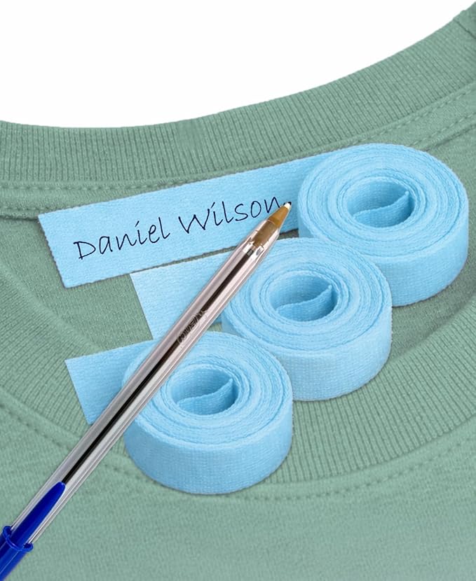 3 Rolls of Blue Fabric Label Tape 3m x 1cm. Heat Transfer, Writable. Includes Pen. Durable & Washable for Kids’ Clothes, School & Nursery