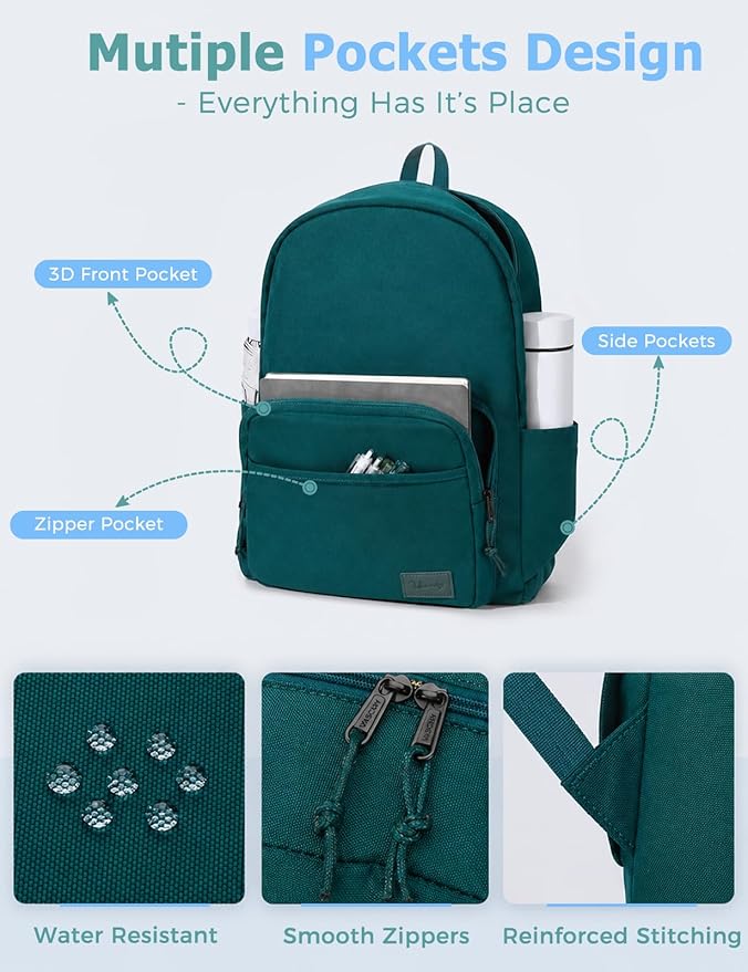 VASCHY School Backpacks, Lightweight Bookbag Schoolbag for Boys Girls Casual Basic Simple Daypack for Men Women Dark Green